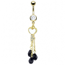 Pearl Inlay Heart Key with Black CZ Navel Ring