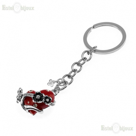 Red Heart and Flowers Strass Pendant Keychain