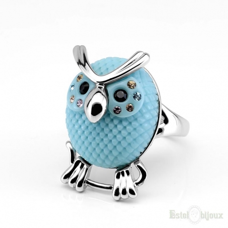 Azure Owl and Crystals Ring