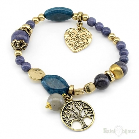 Tree of Life, Heart and Stones Elastic Bracelet