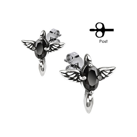 Angelic Winged Cross with Black CZ Stud Earring