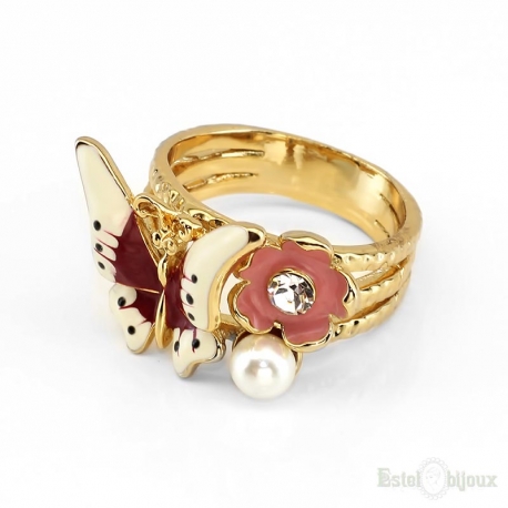 Butterfly and Flower Crystals Gold Plated Ring