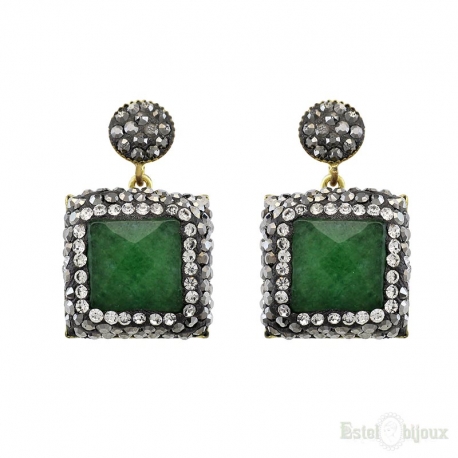 Square Green Jade and Strass Earrings