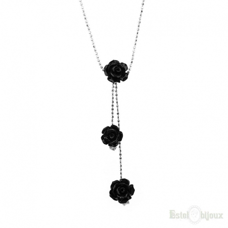 Three Black Roses Silver Necklace